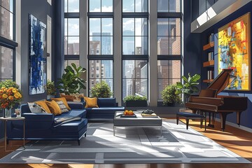 Illustration of a contemporary luxury penthouse living room interior in New York city - obrazy, fototapety, plakaty