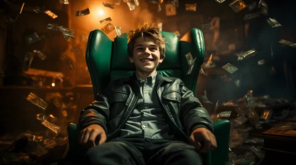Fotobehang Happy and shoutting rich kid boy millionaire sits with a bundle of money dollars cash in big luxury armchair while bills falling © Oleksandr