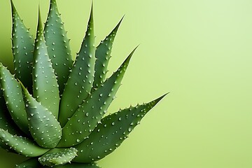 Green cactus on a green background with copy space.