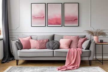 Grey sofa with pink pillows and blanket against white wall with abstract art poster. Interior design of modern living room. Created with