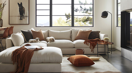 Cozy modern living room designed with pets in mind, featuring durable, stain-resistant furniture and designated pet beds tucked away in a corner - obrazy, fototapety, plakaty