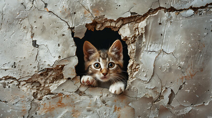 copy space cute cat coming out of cracked wall hole