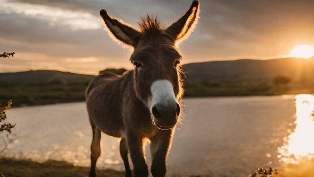 Donkey in the field with sunset in the background 
