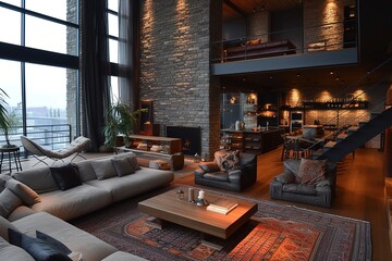 Interior of a living room, Penthouse Loft with dark stone walls with hardwood floors - obrazy, fototapety, plakaty