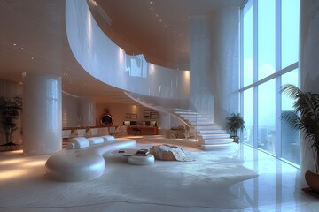 Interior of a living room in a luxury penthouse apartment - obrazy, fototapety, plakaty