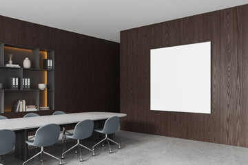Stylish office meeting room interior with seats and table, shelf. Mockup frame