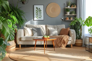 interior of gray walled living room with comfortable sofa center table carpet curtains potted plants while window sunlight and standing lamp illuminating place