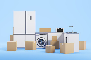 Obraz premium Home kitchen appliances and cardboard boxes on blue background, delivery