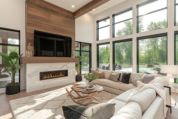 Living room in new luxury home with floor to ceiling fireplace