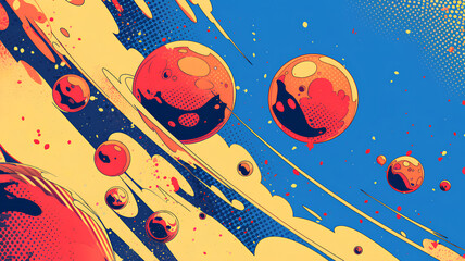 different planets from earth ,vintage comic book halftone dot pattern