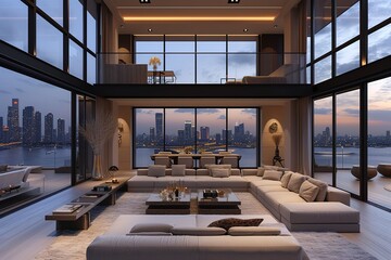 Living room with a view. Luxurious living room in a penthouse with floor-to-ceiling windows offering a stunning view of the city skyline. - obrazy, fototapety, plakaty