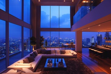 Luxurious living room in a penthouse offering a stunning view of the city at night. - obrazy, fototapety, plakaty
