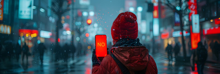 person walking in the street and hoding up a mobile,
Person Holding Up a Mobile Phone Displaying 'NO SIGNA
 - obrazy, fototapety, plakaty