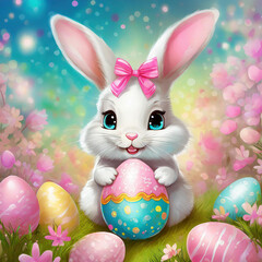 Easter eggs and so cute easter bunny for easter day celebration card or poster with pink and blue colors. 