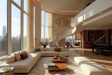 Luxurious penthouse living room in NYC. - obrazy, fototapety, plakaty