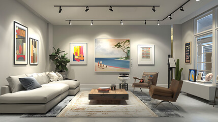 Cozy modern living room designed for an art collector, with a gallery wall showcasing contemporary artworks, minimalist furniture, and track lighting for emphasis - obrazy, fototapety, plakaty