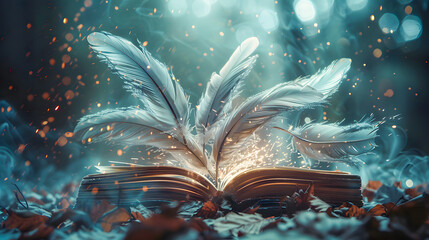 Open Book Releasing Feathers Symbolizing Potential - obrazy, fototapety, plakaty