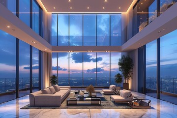 Luxury modern penthouse interior with panoramic windows, 3d render - obrazy, fototapety, plakaty