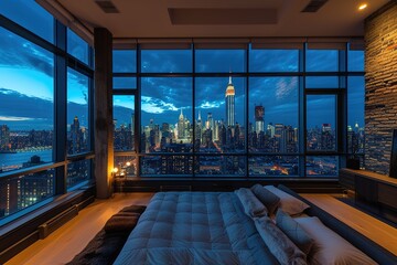 Luxury penthouse bedroom at night showing nyc skyline - obrazy, fototapety, plakaty