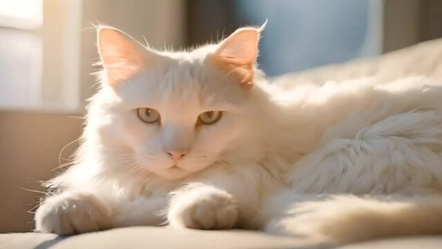 A white fluffy cat laying on couch
