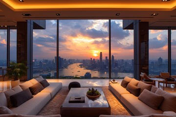 luxury penthouse suite, panoramic view of the city skyline at sunset, modern furniture, warm interior lighting - obrazy, fototapety, plakaty