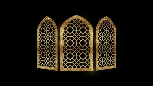 golden luxury Arabic Islamic  Arabian mosque window and gate patterns animation with gold color background black 