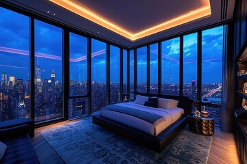 Luxury penthouse bedroom at night showing nyc skyline - obrazy, fototapety, plakaty