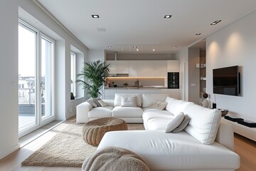 Minimal and comfortable home apartment living room interior design with comfy white sofa