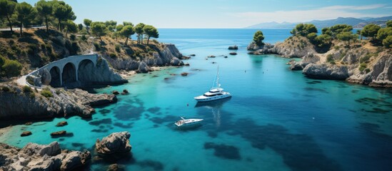 Aerial view of turquoise water bay with luxury yachts and sailboats - obrazy, fototapety, plakaty
