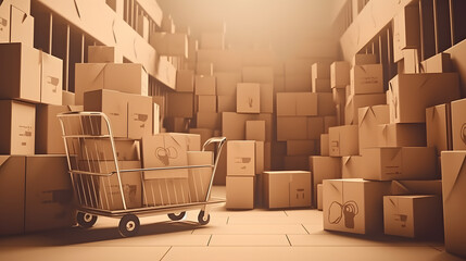 Illustration of shopping cart and cardboard boxes