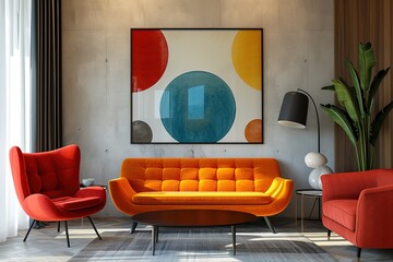 minimal design appartment, a wall with a picture frame, modern living-room, colourful furniture, perpendicular composition, center perspective, very detailed, photorealistic, photographic, Eastman Kod - obrazy, fototapety, plakaty