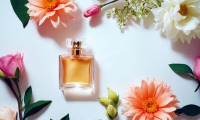 A bottle of perfume on a light background surrounded by different flowers.