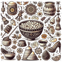 Happy Nowruz vector hand-drawn illustration with elements.