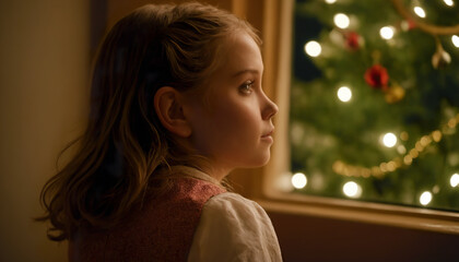 A child on Christmas night waits for Santa Claus at the Christmas tree.