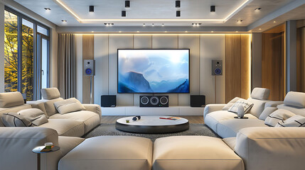 Cozy modern living room equipped with high-tech features, including smart home automation, built-in speakers, and a large wall-mounted TV