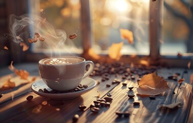 A cozy autumnal setting features a steaming cup of latte with latte art, surrounded by coffee beans, a warm scarf, and vibrant leaves