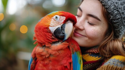 Woman Kissing Parrot on Cheek