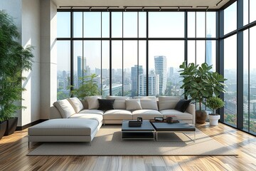 modern living room with large windows and city background background