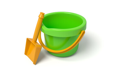 3D rendered green bucket with orange spade - obrazy, fototapety, plakaty