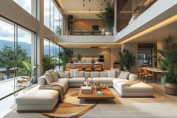 Modern luxury spacious penthouse living room interior design with comfortable sofa, coffee table - obrazy, fototapety, plakaty