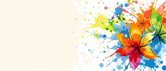  a multicolored flower on a white background with splats of paint on the bottom of the image.