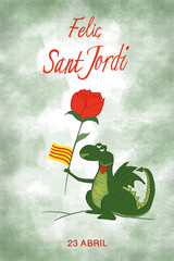 Text happy saint jorge day in Catalan with dragon holding a rose and catalonia flag on green background. Tradition of giving roses and books, 23th April.