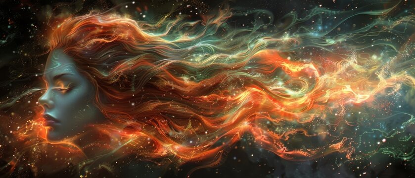  a digital painting of a woman's face surrounded by colorful swirls of fire and stars in the night sky.
