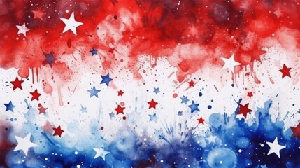 Watercolor splashes in red and blue colors with stars. USA national holiday concept background.
