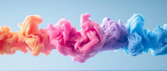  a group of multicolored inks floating in a blue, pink, orange, and pink liquid on a light blue background.