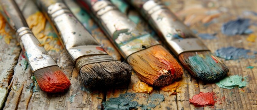  a group of paintbrushes sitting on top of a wooden table covered in lots of different colors of paint.