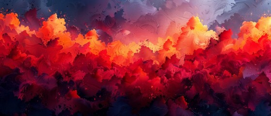  an abstract painting of red, orange, and purple colors on a black background with drops of water on the glass.