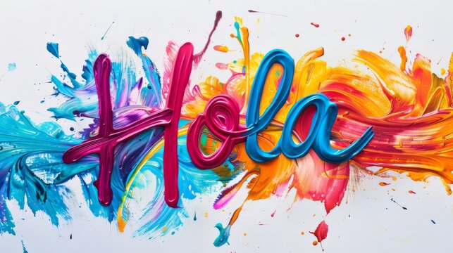 Hola - Hello in Spanish. Modern calligraphy inspirational text made from multicolored paints.