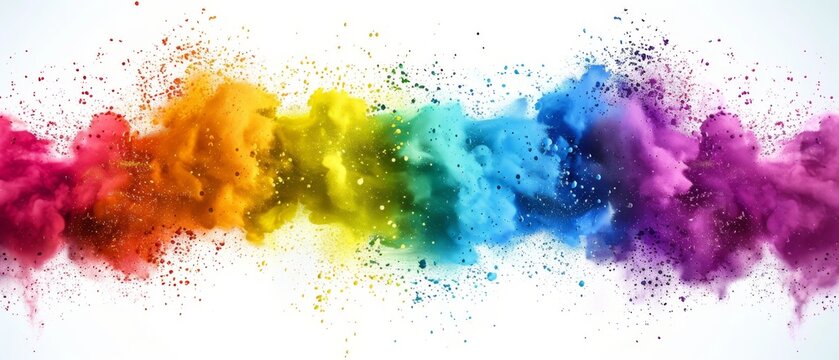  a rainbow colored cloud of powder in the shape of a rainbow on a white background with space for your text.