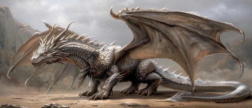  a large white dragon sitting on top of a dirt field next to a mountain covered in fog and smog.